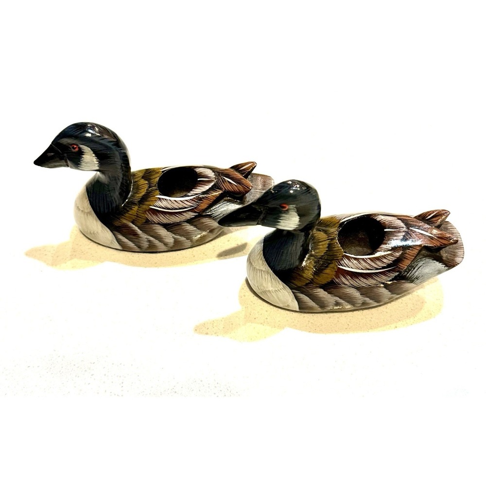 Vintage Wooden Duck Hand Carved Decoy‎ Hand Painted Candle Holders Set Of 2